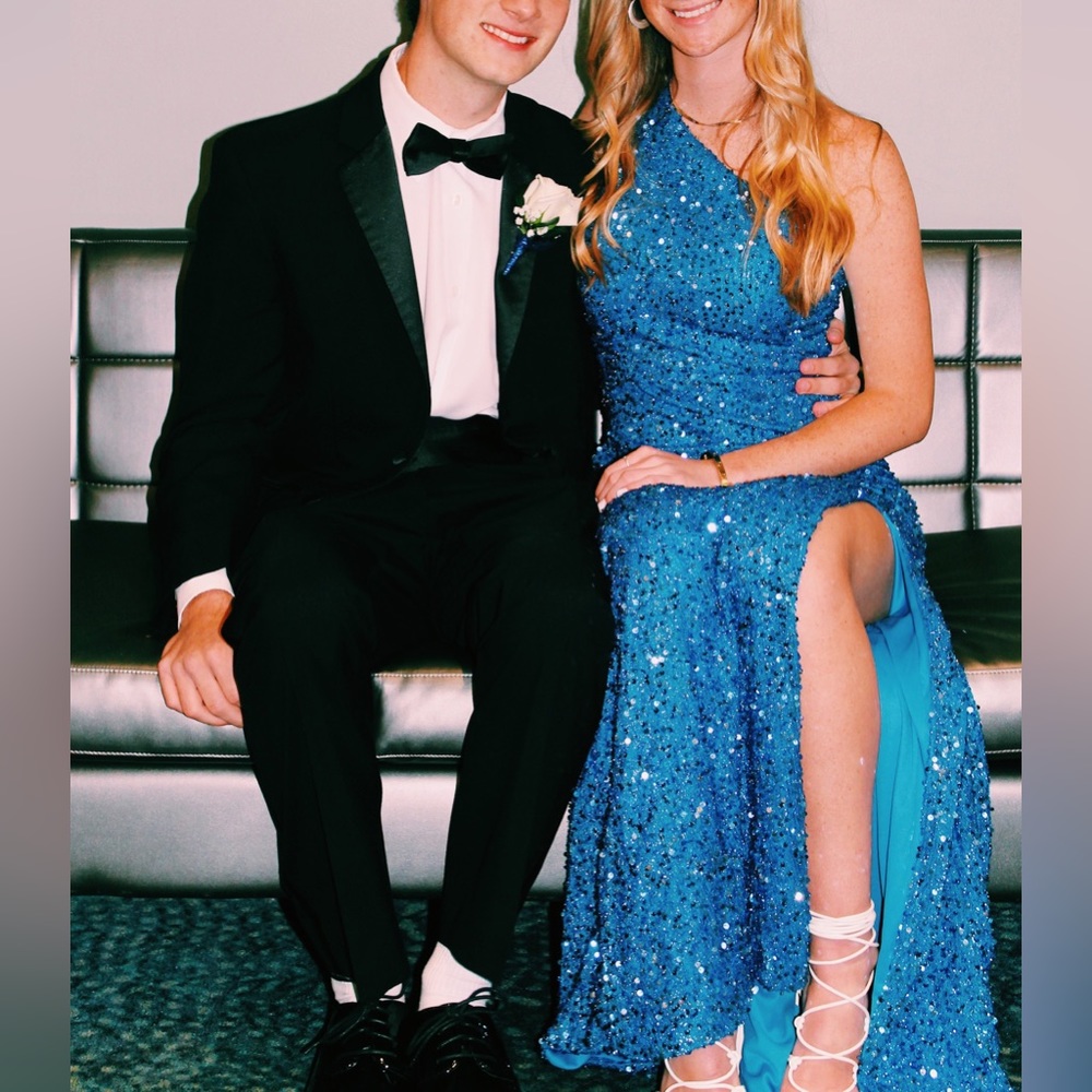 One sholder blue sequin prom dress